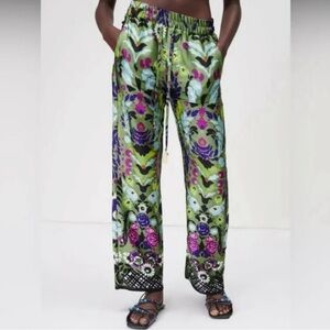 ZARA | Flowy Floral Wide Leg Drawstring Pant Purple Green Multi | XXL